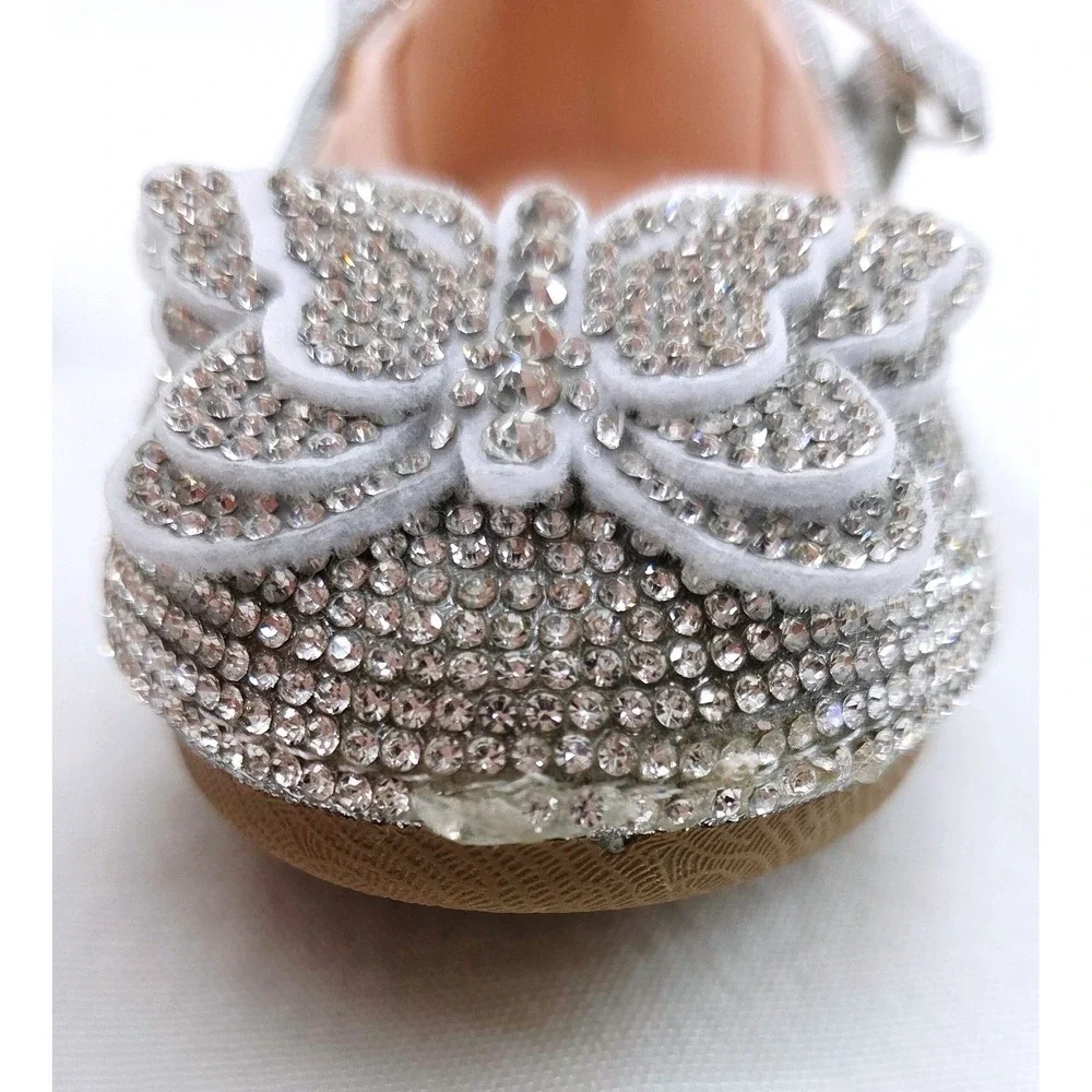 Link Sabina Kids Silver Rhinestone Butterfly Mary Jane Flats - Size 7
